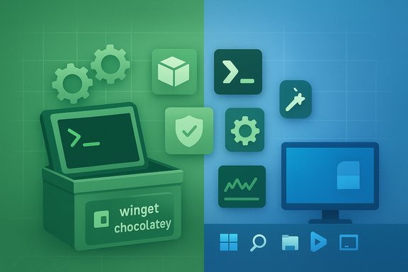 Split illustration contrasts Winget (green) and Chocolatey (blue) with icons and a computer.