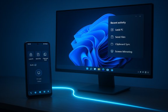 Phone and monitor show Windows 11 recent activity and sync features, connected by a blue glowing cable.
