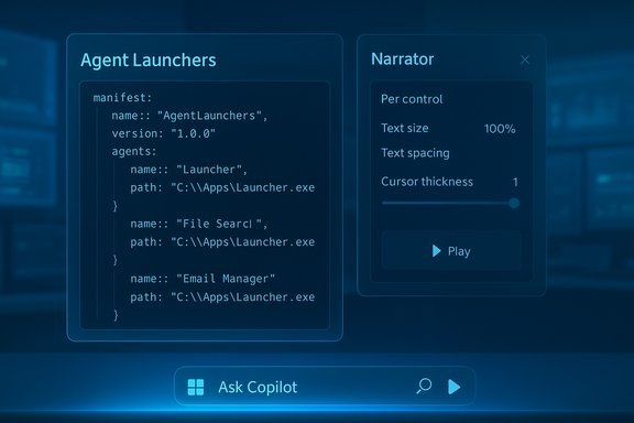 Blue holographic UI panels show Agent Launchers and Narrator with code and controls.