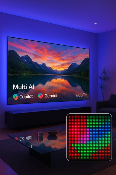 Modern living room with a large wall TV showing a sunset over mountains, blue ambient lighting.