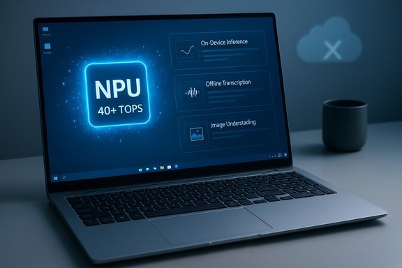 Laptop screen displays an NPU with 40+ TOPS and on-device AI inference features.