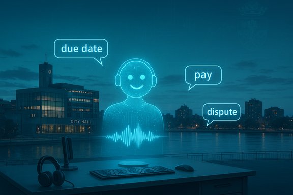 A glowing holographic assistant sits at a desk by the river near City Hall, with chat prompts: due date, pay, dispute.
