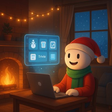 A festive snowman sits at a laptop, wearing a Santa hat and scarf, by a cozy fireplace.