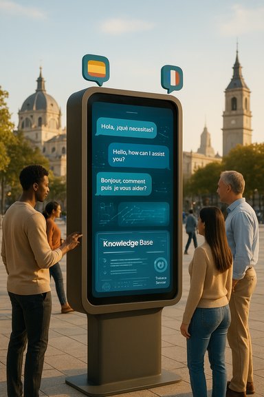 Outdoor interactive kiosk with multilingual chat prompts and a knowledge base display.