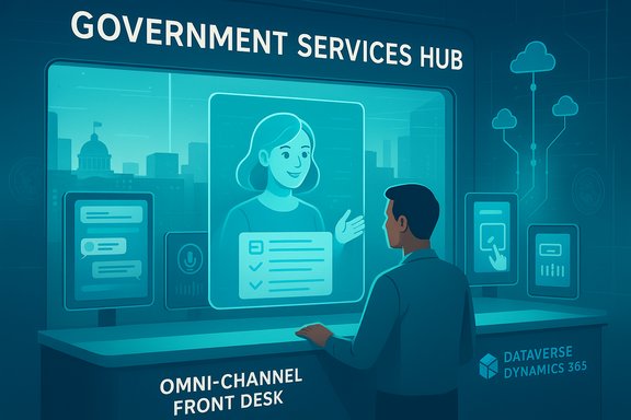 Citizen interacts with a virtual assistant at a government services hub front desk.