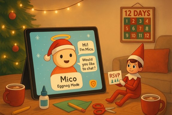 Cozy Christmas scene: tablet shows Mico in Eggnog Mode; an elf holds an RSVP card.