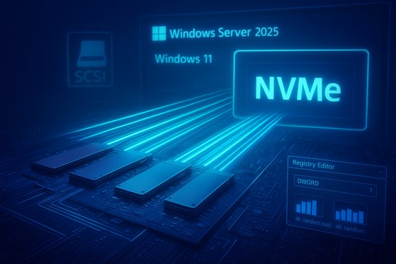Blue neon tech scene featuring NVMe drives on a motherboard with Windows Server 2025 branding.