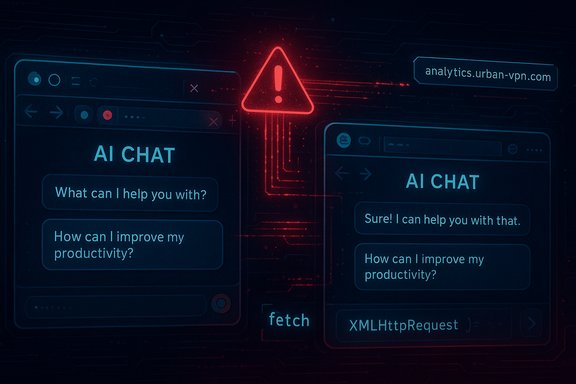 Two AI chat windows with a red warning icon, hinting at a security alert.