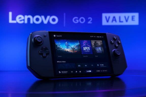 Lenovo Go 2 handheld gaming console on a blue-lit stage, displaying SteamOS.