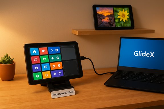 A repurposed tablet on a stand sits beside a GlideX laptop on a warm, tidy desk.