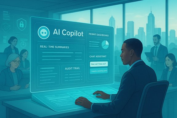 A professional uses an AI Copilot dashboard projected on a holographic screen in a modern office.