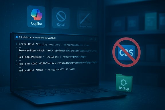 Laptop screen shows PowerShell commands for editing the registry, with a Backup icon and a red “no” sign in a blue-toned scene.