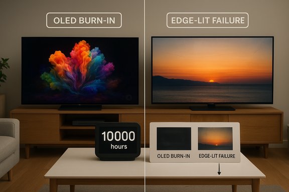 Side-by-side TV demo: OLED burn-in (color cloud) on the left, edge-lit failure (sunset) on the right.