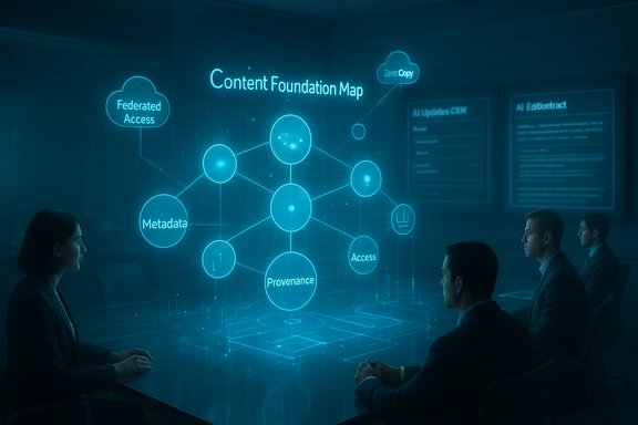 Executives study a glowing Content Foundation Map hologram during a meeting.