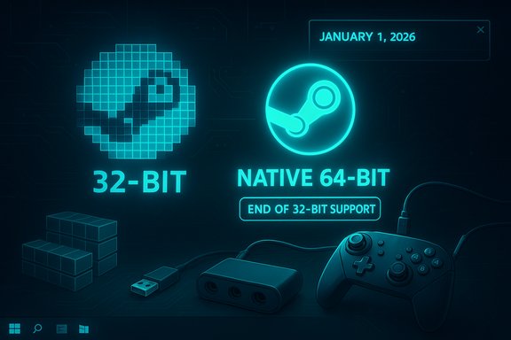 Neon graphic contrasts 32-bit vs native 64-bit, announcing the end of 32-bit support.