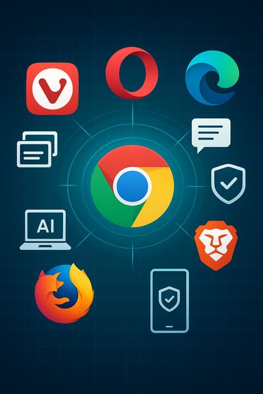 Chrome sits at center, surrounded by major browser logos and security/AI icons.