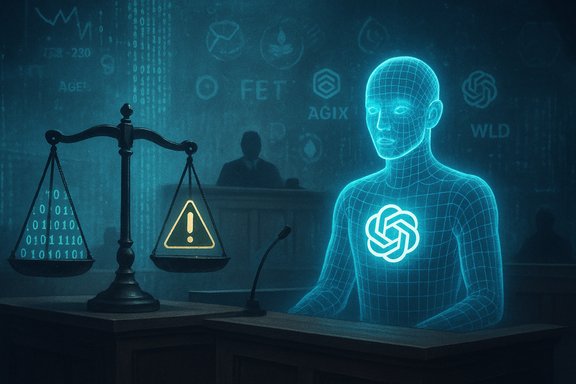 A holographic AI juror presides over a courtroom, framed by binary scales of justice.