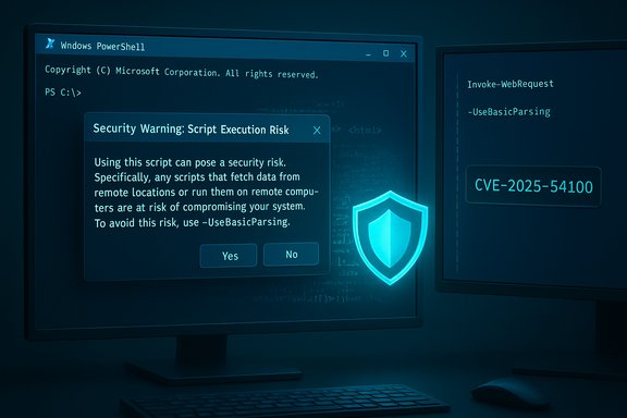 Blue-tinted Windows PowerShell desktop showing a Security Warning: Script Execution Risk and CVE-2025-54100.