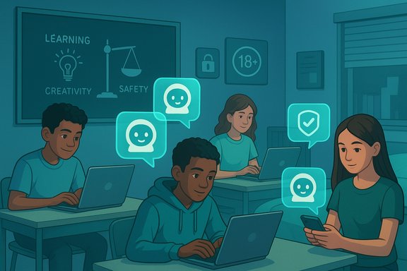 Students in a classroom work on laptops, surrounded by glowing chat bubbles and a safety-themed board.