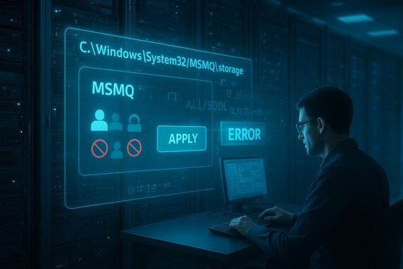 A technician at a data center works at a keyboard with a blue holographic MSMQ interface showing APPLY and ERROR.