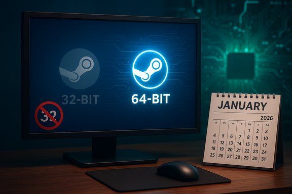 A computer monitor displays the glowing Steam 64-bit icon beside a 32-bit icon and a January 2026 calendar.