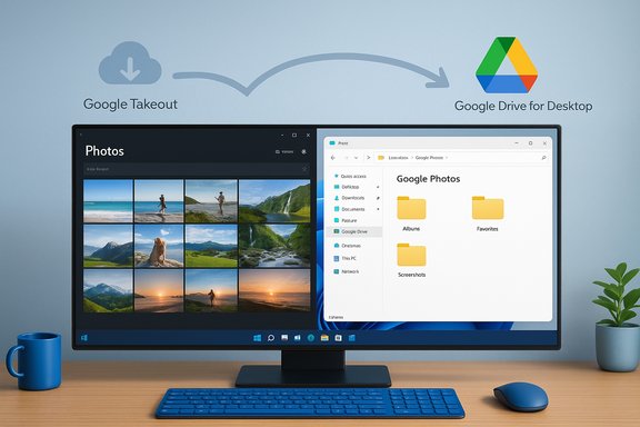 Desktop monitor shows data transfer from Google Takeout to Google Drive for Desktop.