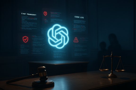 Futuristic courtroom with holographic code panels and a glowing knot emblem, plus gavel and scales.