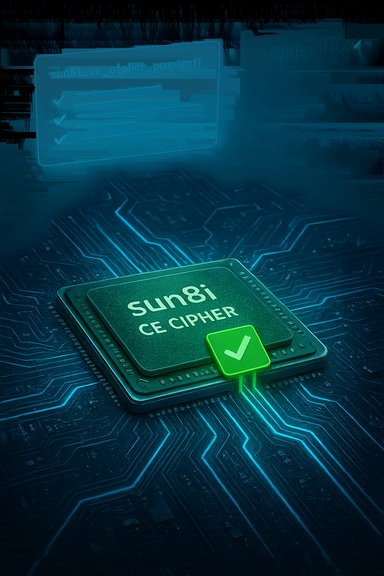 Sun8i CE Cipher chip rests on a glowing circuit board with a green checkmark.