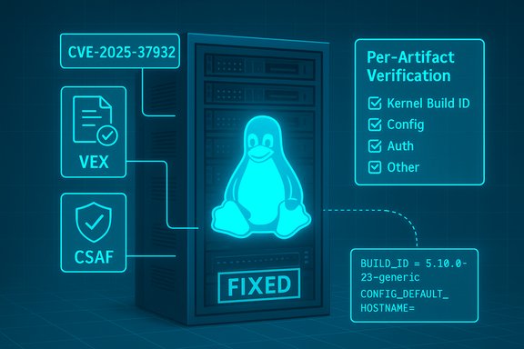 Neon blue server diagram showing Linux penguin, FIXED, CVE-2025-37932, and per-artifact verification.