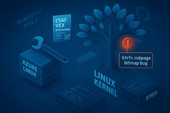Azure Linux and Linux kernel diagrams highlight a btrfs subpage bitmap bug.