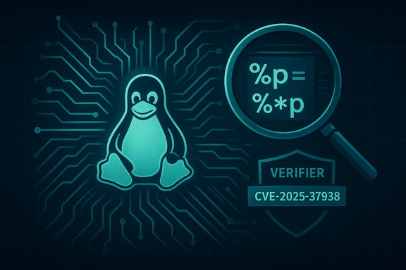 Linux penguin beside a circuitry backdrop, magnifying glass reveals a CVE-2025-37938 verifier vulnerability.