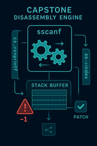 Neon schematic of the Capstone disassembly engine, featuring sscanf and a stack-buffer workflow. Neon schematic of the Capstone disassembly engine, featuring sscanf and a stack-buffer workflow.