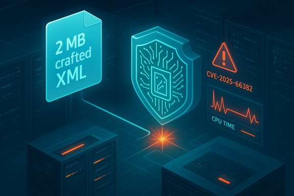 Futuristic data center showing 2MB crafted XML, a security shield, and a CVE alert.