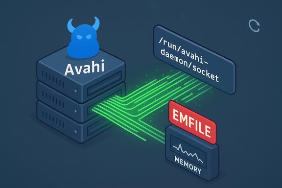 Avahi daemon with EMFILE and memory indicators, depicting file-descriptor exhaustion.