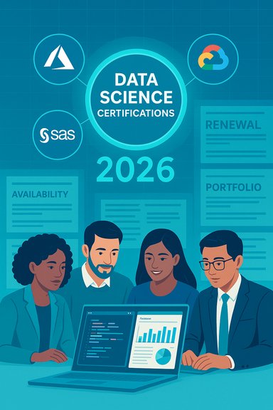 A diverse group of professionals gathers around a laptop to discuss data science certifications for 2026.