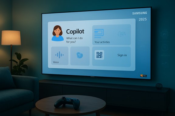 Living room with a wall-mounted Samsung screen showing Copilot interface, sofa, lamp, and a game controller.
