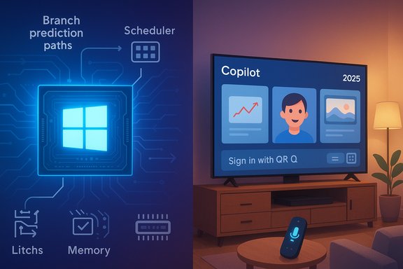Split-screen: left shows a glowing circuit poster, right a 2025 Copilot TV UI in a cozy living room.