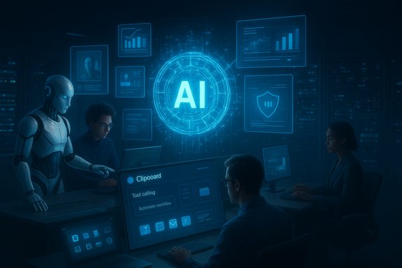 A futuristic AI lab with a humanoid robot and researchers at holographic interfaces.