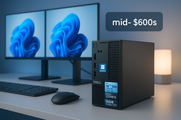 Dell compact desktop on a clean desk with dual monitors, keyboard, and mouse.