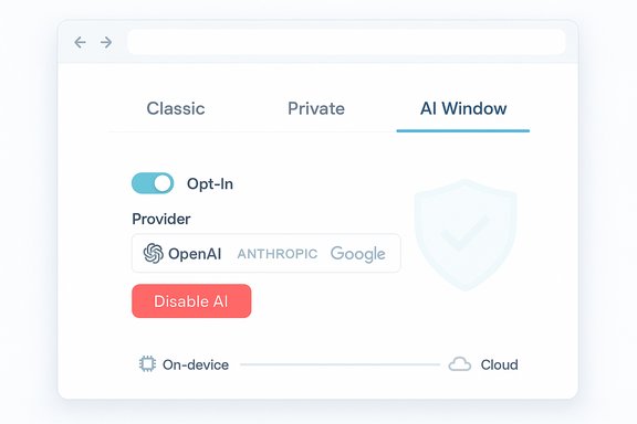 AI Window settings with Opt-In toggle, provider options, and a Disable AI button.