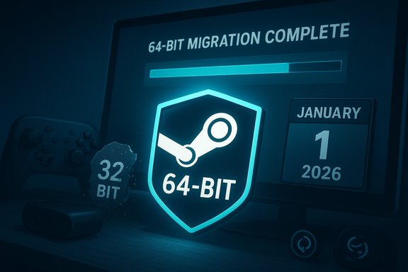 64-BIT migration complete on a PC screen with Steam shield icon and a January 1, 2026 calendar.