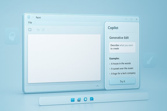 Blue, futuristic software UI with a Copilot Generative Edit panel beside a blank canvas.