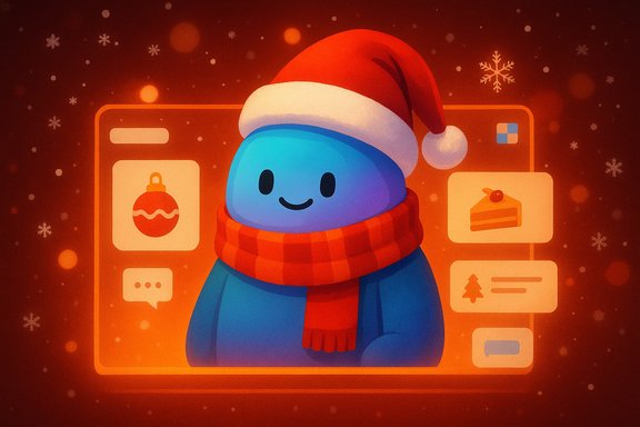 A cute blue character in a Santa hat and scarf sits on a warm, Christmas-themed screen.