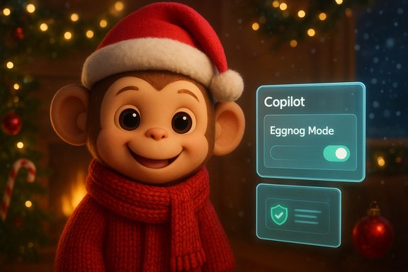 A cheerful cartoon monkey in a Santa hat and red scarf sits beside a glowing Copilot panel labeled 'Eggnog Mode.'