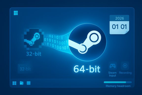 Blue UI panel showing Steam 64-bit logo, a binary data stream, and a calendar date.