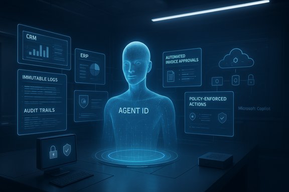 Blue holographic AI agent ID surrounded by data panels and cloud icons.