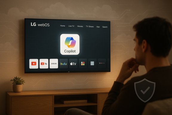 A person sits on a couch watching LG webOS TV with the Copilot app icon on screen.