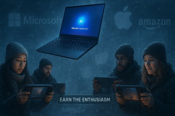 Winter-clad friends use handheld devices as a laptop AI hovers overhead.