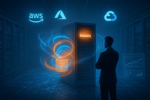 A man in a suit stands before a glowing Exadata server in a cloud-powered data center.