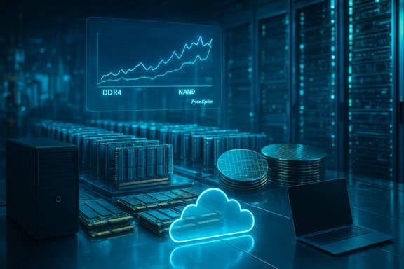 Blue-toned data center with a holographic chart, glowing cloud icon, and server hardware.